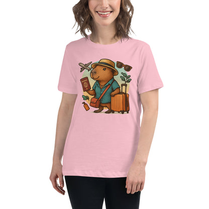 Cartoon Woman Capybara holding passport leaning on suitcase with straw hat and satchel bag, plane and sunglasses in background Women's T-Shirt front view