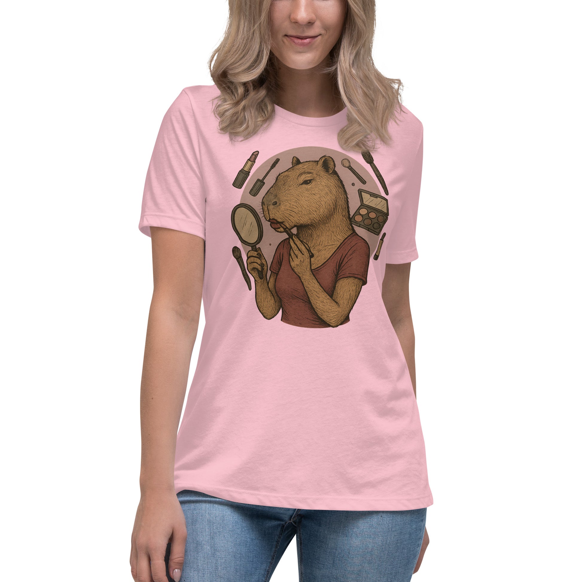 Cartoon Woman Capybara applying lipstick looking in hand mirror with makeup background Women's T-Shirt front view
