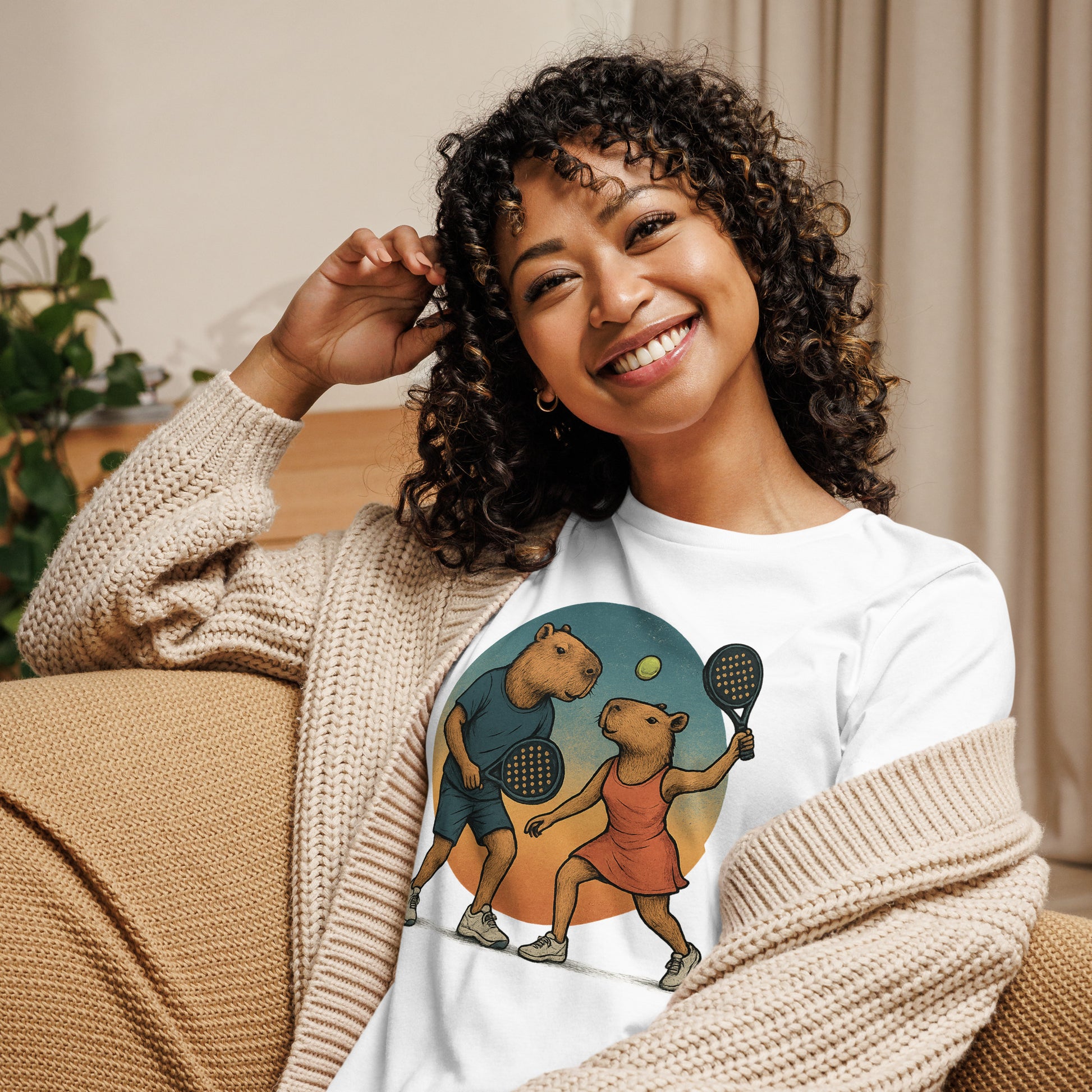 Cartoon Capybara Padel Players Women's Sport T-Shirt front view