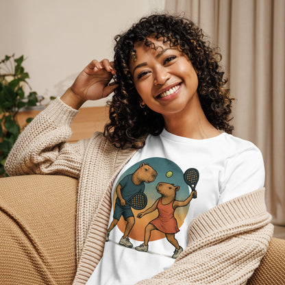 Cartoon Capybara Padel Players Women's Sport T-Shirt front view