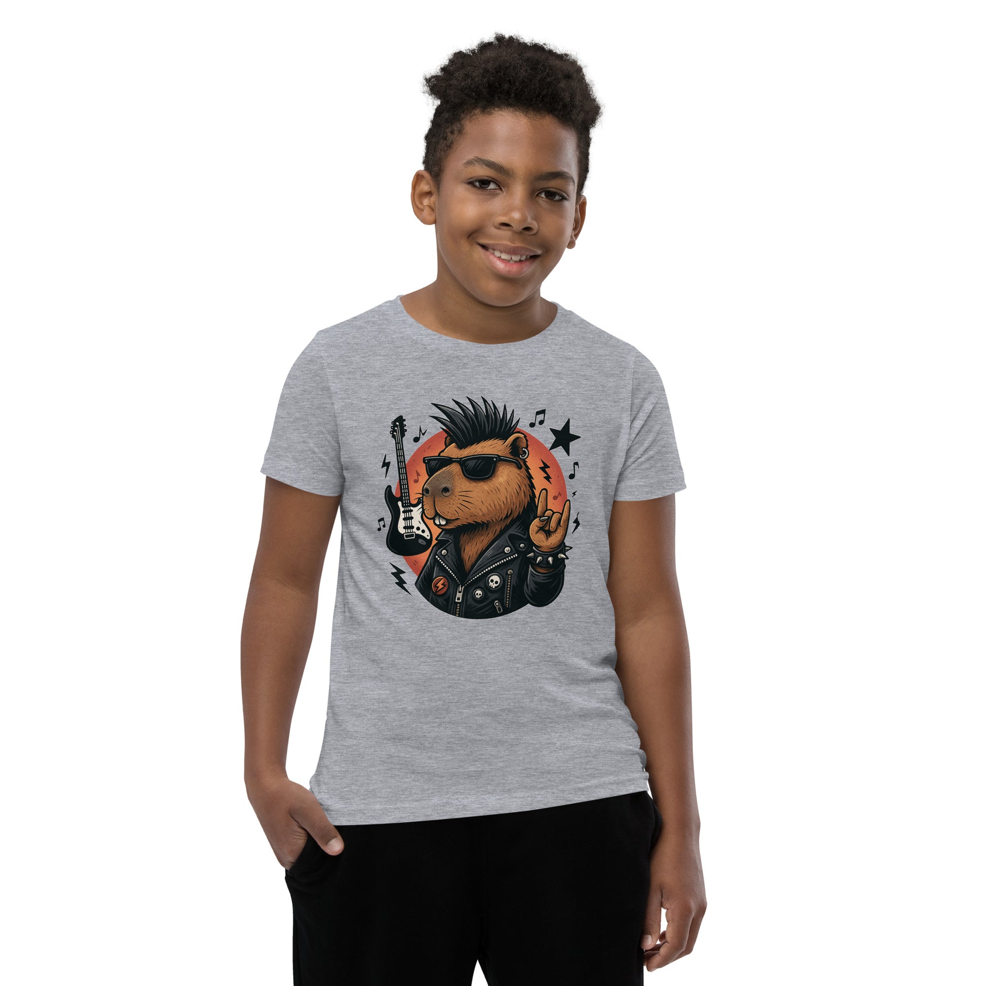 Cartoon Capybara in Rock and Roll Fashion with Guitar and Horns Teen T-Shirt front view, soft cotton youth tee