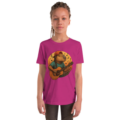 Cartoon Female Capybara playing Guitar with Ponytail Teen T-Shirt front view, soft cotton youth tee