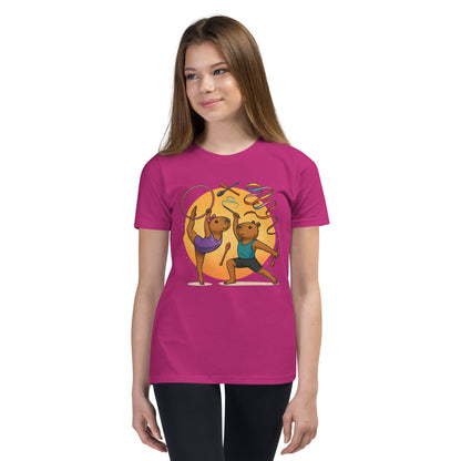 Cartoon Male and Female Capybaras Performing Rhythmic Gymnastics with Ribbons Teen T-Shirt front view, soft cotton youth tee