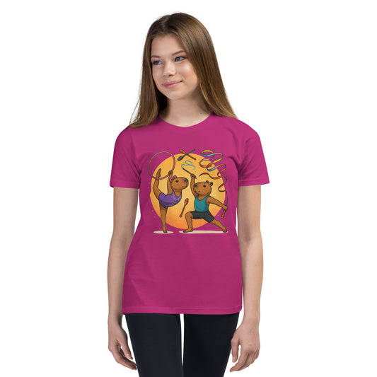 Cartoon Male and Female Capybaras Performing Rhythmic Gymnastics with Ribbons Teen T-Shirt front view, soft cotton youth tee