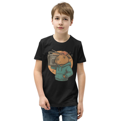 Cartoon Male Capybara with Boombox on Shoulder Teen T-Shirt front view, soft cotton youth tee