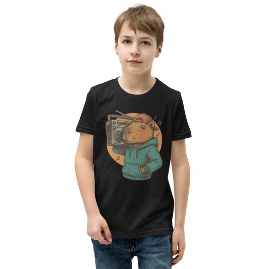 Cartoon Male Capybara with Boombox on Shoulder Teen T-Shirt front view, soft cotton youth tee