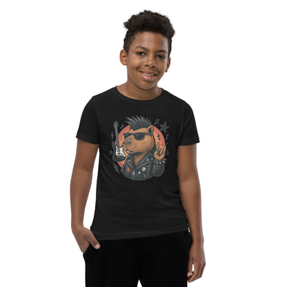 Cartoon Capybara in Rock and Roll Fashion with Guitar and Horns Teen T-Shirt front view, soft cotton youth tee