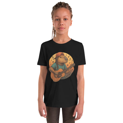 Cartoon Female Capybara playing Guitar with Ponytail Teen T-Shirt front view, soft cotton youth tee