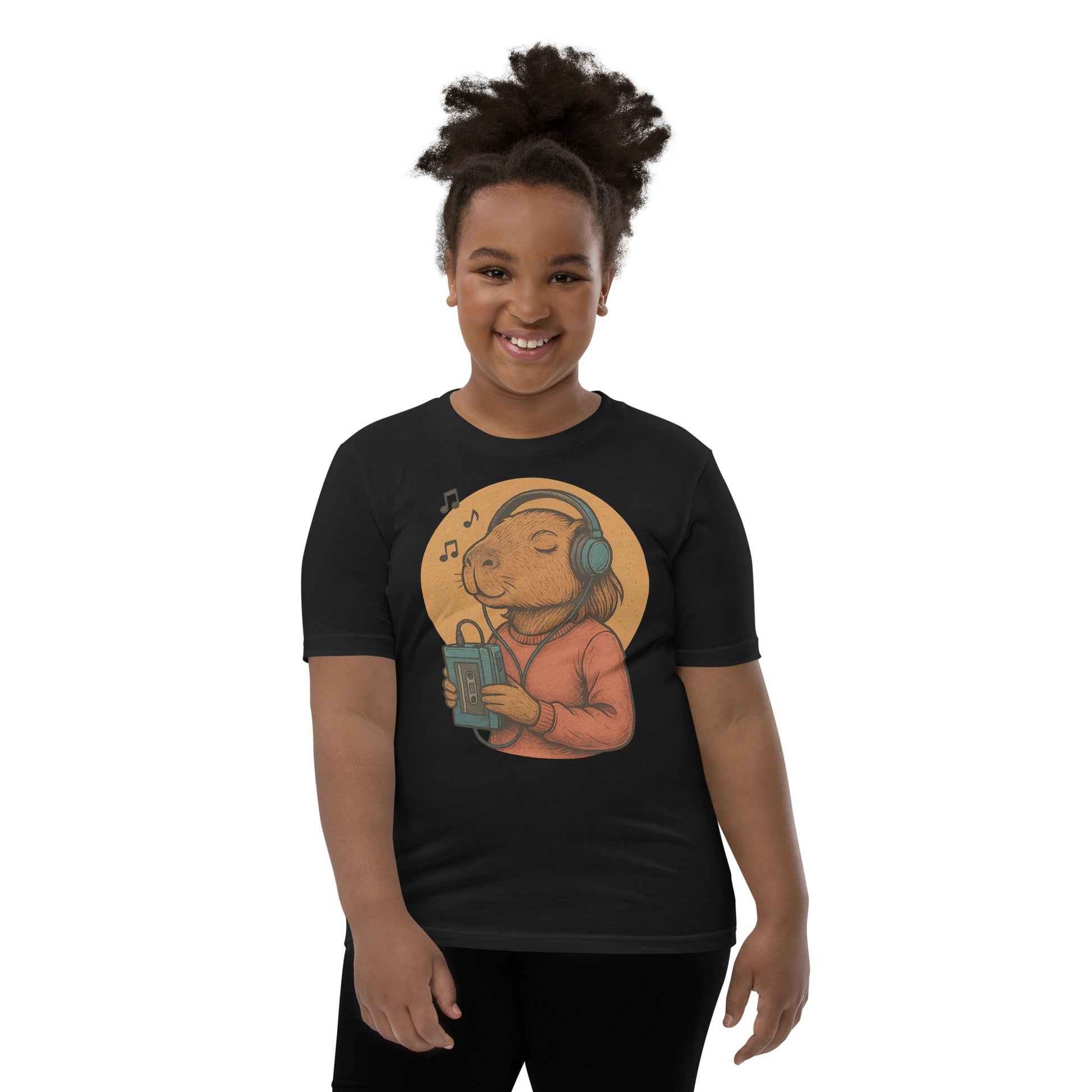 Cartoon Female Capybara Listening to Music with Walkman and Wired Headphones Teen T-Shirt front view, soft cotton youth tee