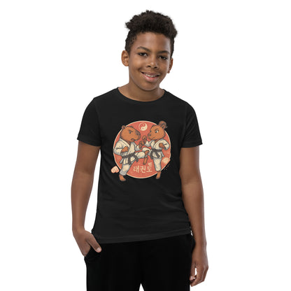 Cartoon Martial Arts Capybaras Fighting Teen T-Shirt front view, soft cotton youth tee