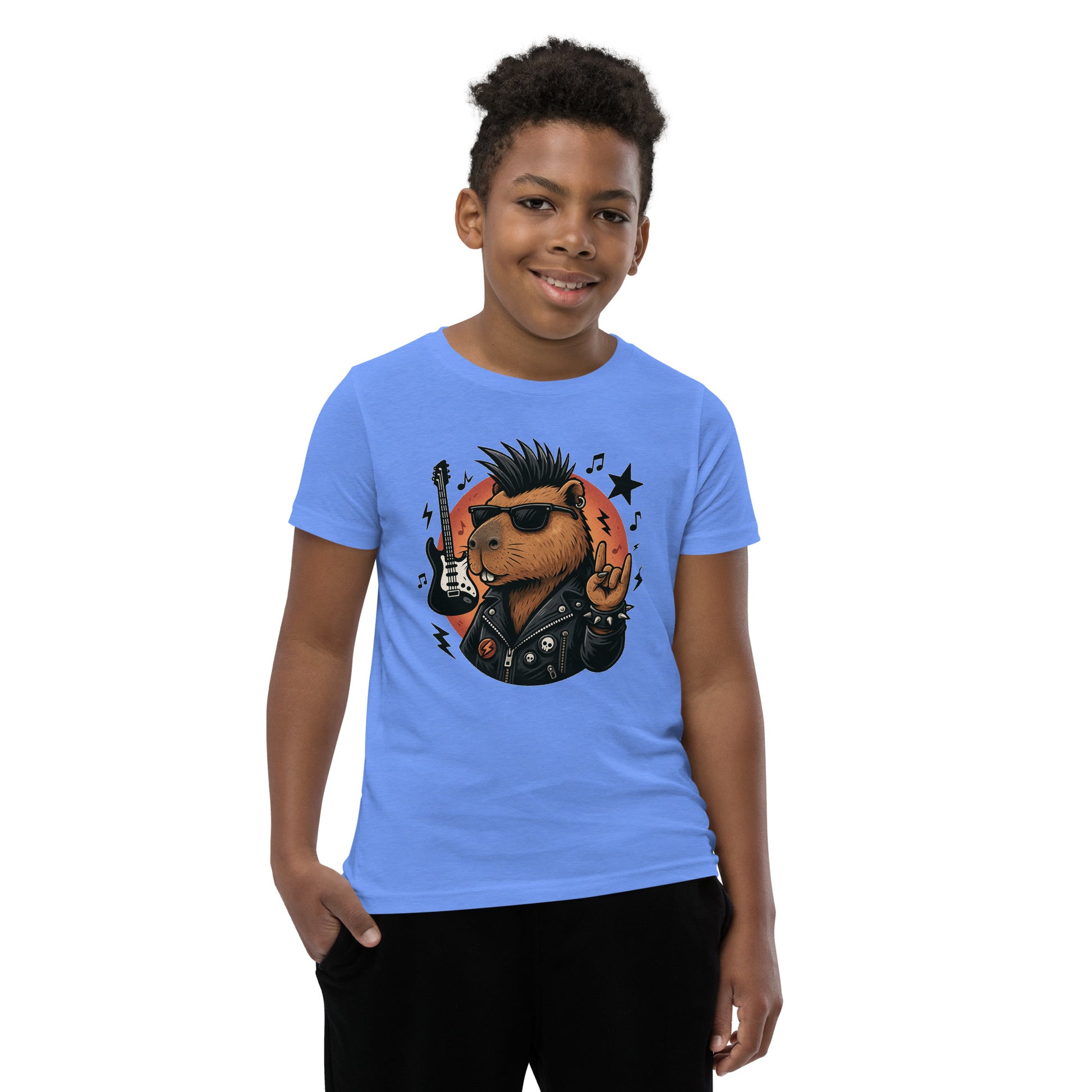 Cartoon Capybara in Rock and Roll Fashion with Guitar and Horns Teen T-Shirt front view, soft cotton youth tee