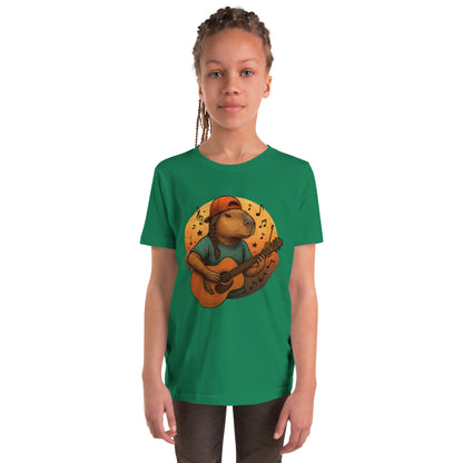 Cartoon Female Capybara playing Guitar with Ponytail Teen T-Shirt front view, soft cotton youth tee