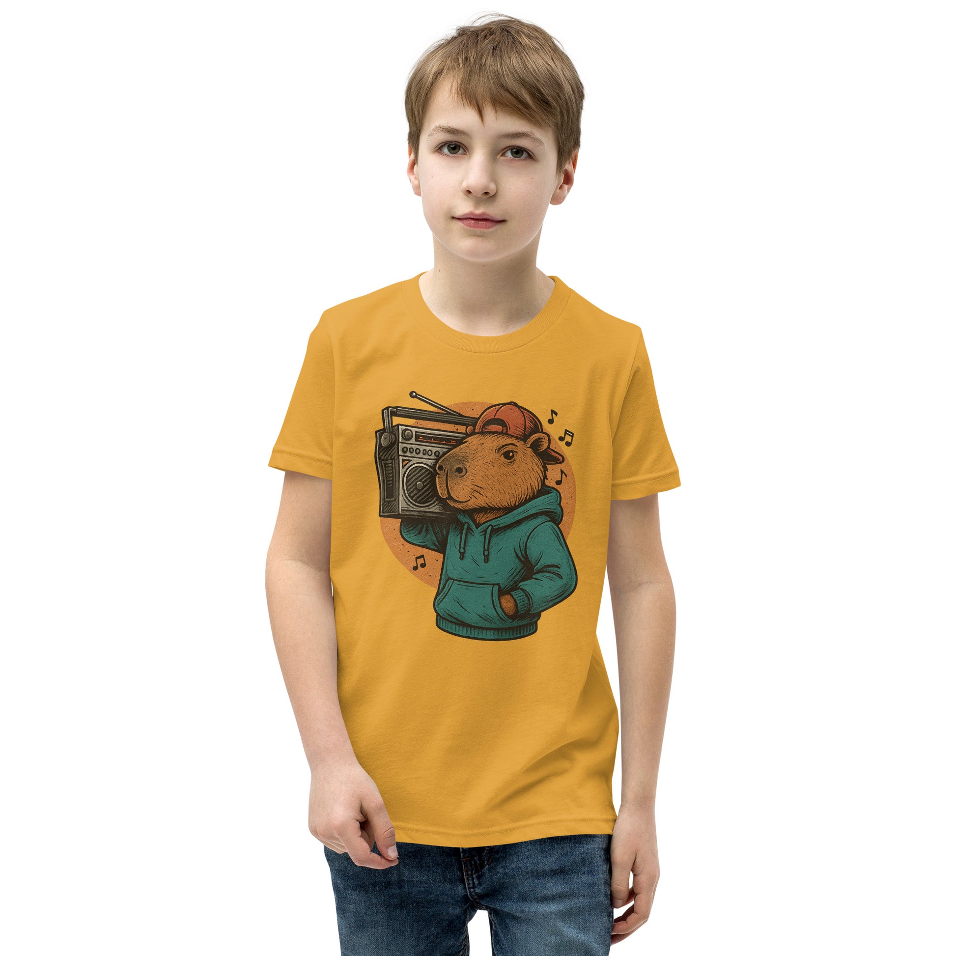 Cartoon Male Capybara with Boombox on Shoulder Teen T-Shirt front view, soft cotton youth tee