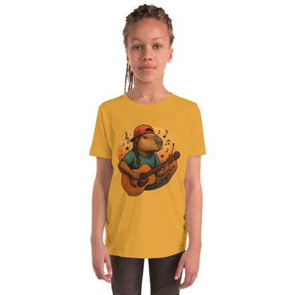 Cartoon Female Capybara playing Guitar with Ponytail Teen T-Shirt front view, soft cotton youth tee