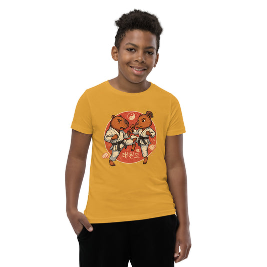 Cartoon Martial Arts Capybaras Fighting Teen T-Shirt front view, soft cotton youth tee