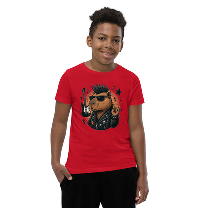 Cartoon Capybara in Rock and Roll Fashion with Guitar and Horns Teen T-Shirt front view, soft cotton youth tee