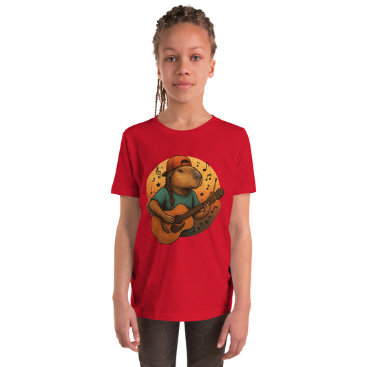 Cartoon Female Capybara playing Guitar with Ponytail Teen T-Shirt front view, soft cotton youth tee