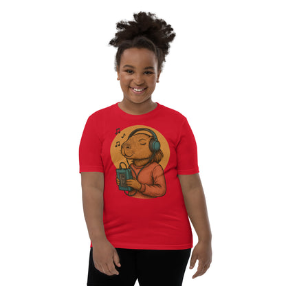 Cartoon Female Capybara Listening to Music with Walkman and Wired Headphones Teen T-Shirt front view, soft cotton youth tee