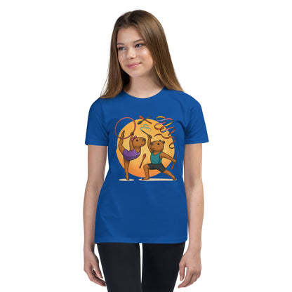 Cartoon Male and Female Capybaras Performing Rhythmic Gymnastics with Ribbons Teen T-Shirt front view, soft cotton youth tee