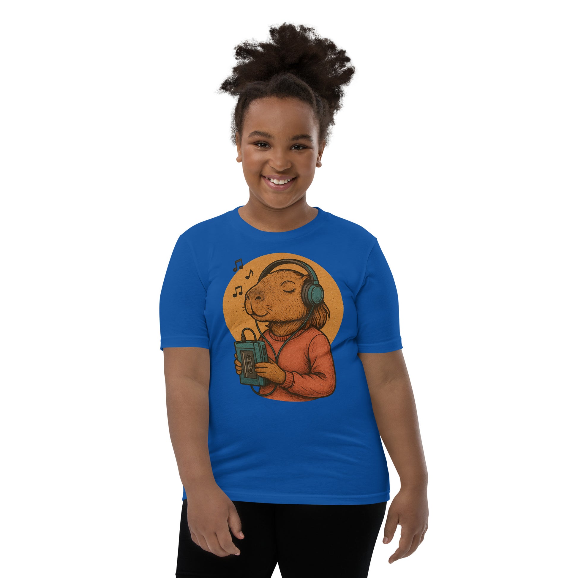 Cartoon Female Capybara Listening to Music with Walkman and Wired Headphones Teen T-Shirt front view, soft cotton youth tee