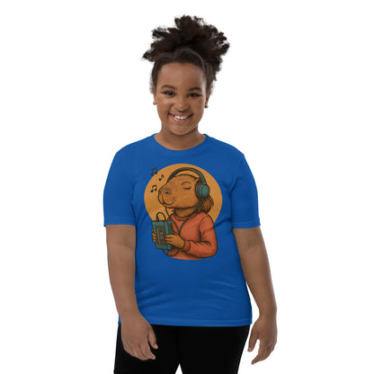 Cartoon Female Capybara Listening to Music with Walkman and Wired Headphones Teen T-Shirt front view, soft cotton youth tee