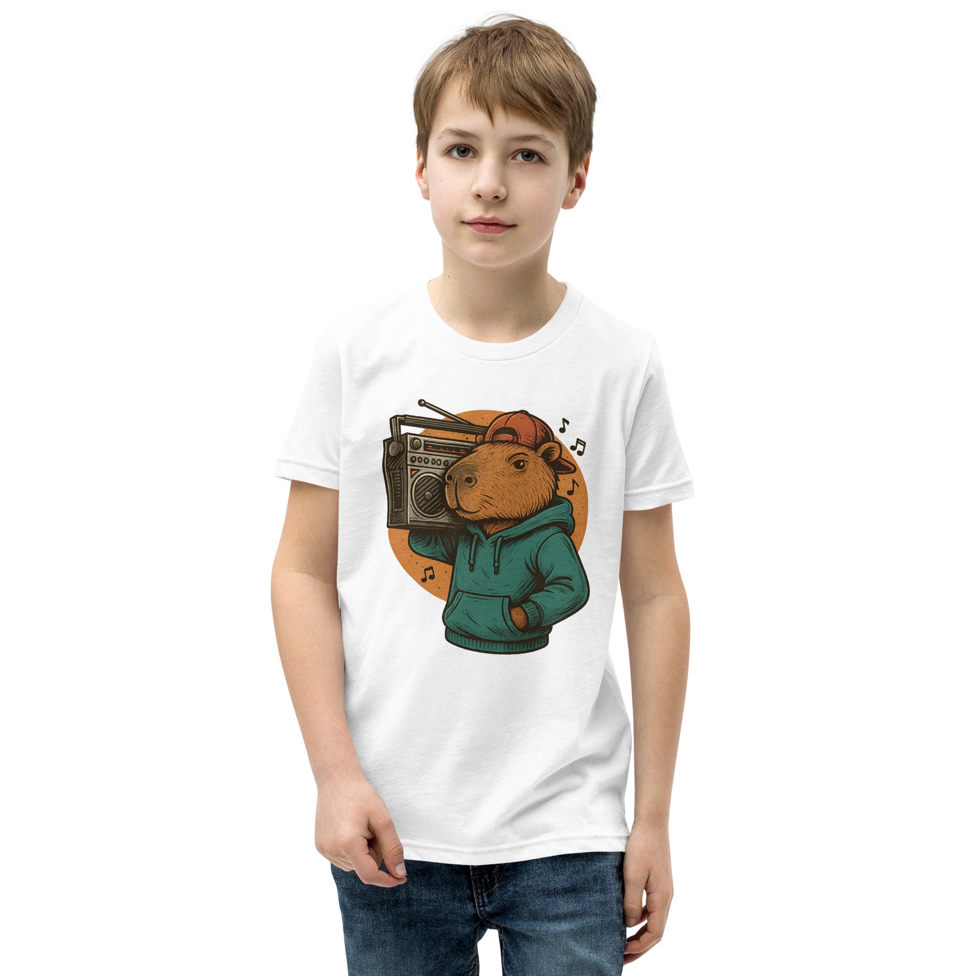 Cartoon Male Capybara with Boombox on Shoulder Teen T-Shirt front view, soft cotton youth tee