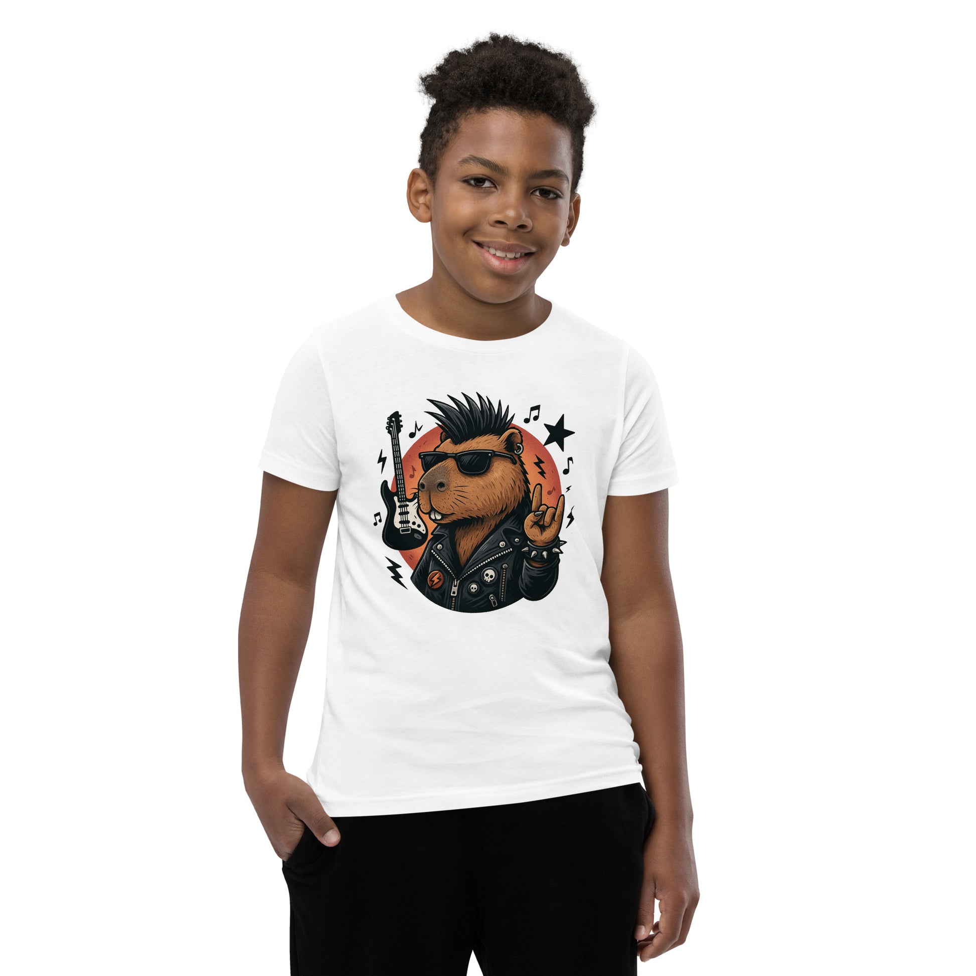 Cartoon Capybara in Rock and Roll Fashion with Guitar and Horns Teen T-Shirt front view, soft cotton youth tee
