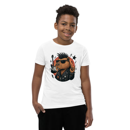 Cartoon Capybara in Rock and Roll Fashion with Guitar and Horns Teen T-Shirt front view, soft cotton youth tee