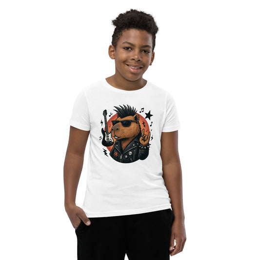 Cartoon Capybara in Rock and Roll Fashion with Guitar and Horns Teen T-Shirt front view, soft cotton youth tee
