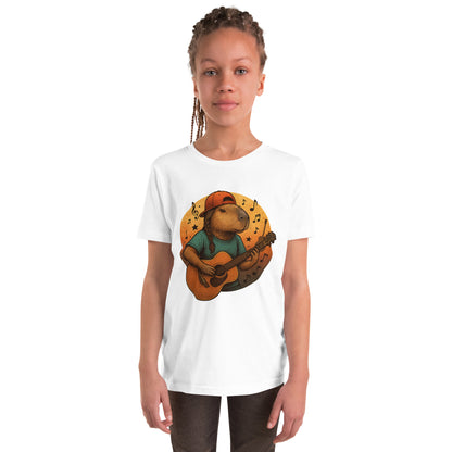 Cartoon Female Capybara playing Guitar with Ponytail Teen T-Shirt front view, soft cotton youth tee