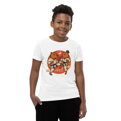 Cartoon Martial Arts Capybaras Fighting Teen T-Shirt front view, soft cotton youth tee